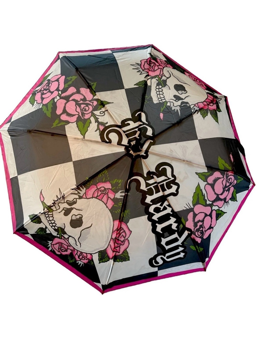Ed Hardy Pink/Black Skull Rose Automatic Folding Umbrella